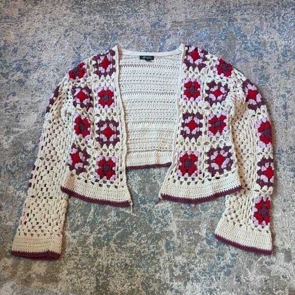 wild fable granny square crochet cardigan – cream/maroon – size s - Picture 1 of 2